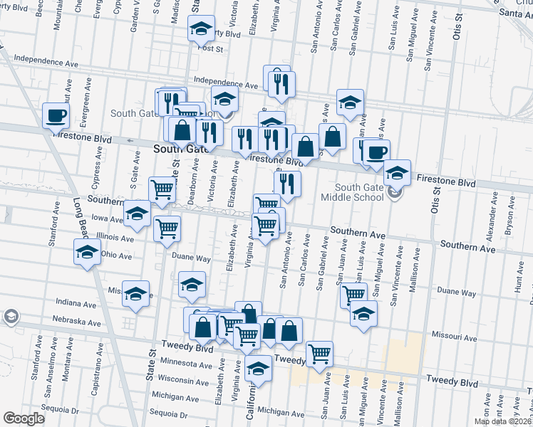 map of restaurants, bars, coffee shops, grocery stores, and more near 8997 California Avenue in South Gate