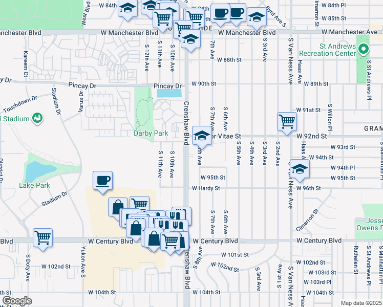 map of restaurants, bars, coffee shops, grocery stores, and more near 9350 South Crenshaw Boulevard in Inglewood