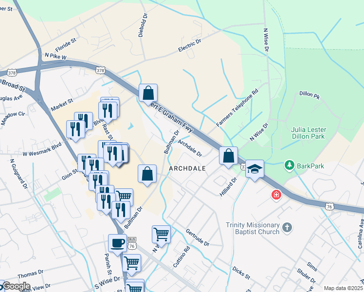 map of restaurants, bars, coffee shops, grocery stores, and more near 680 Archdale Drive in Sumter
