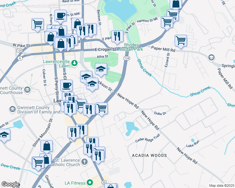 map of restaurants, bars, coffee shops, grocery stores, and more near New Hope Road Southeast in Gwinnett County