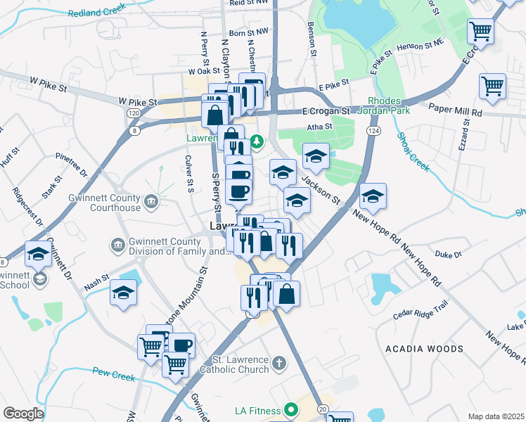 map of restaurants, bars, coffee shops, grocery stores, and more near 241 Church Street in Lawrenceville