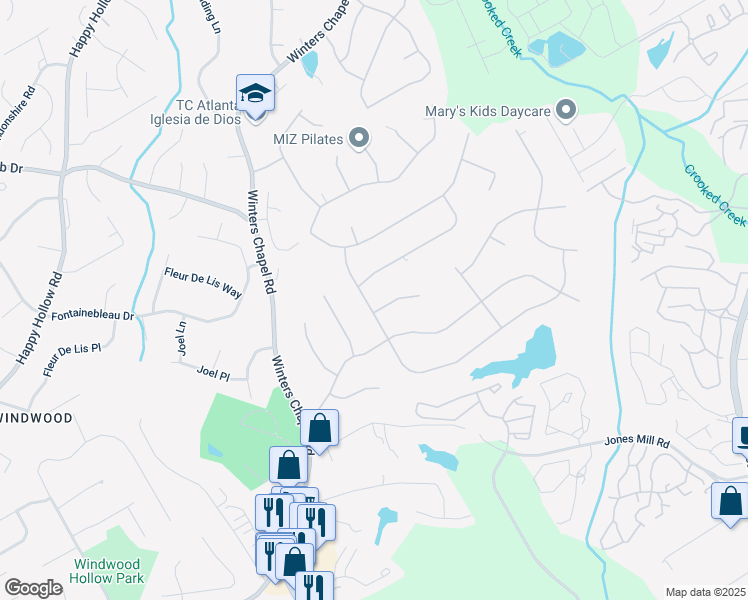 map of restaurants, bars, coffee shops, grocery stores, and more near 6857 Womack Court Northwest in Atlanta
