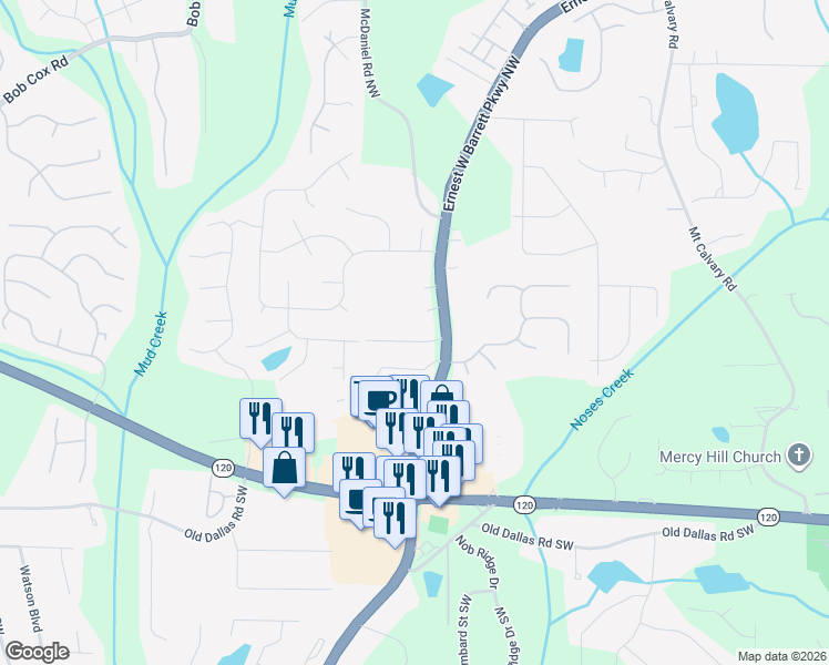 map of restaurants, bars, coffee shops, grocery stores, and more near 2435 Anderson Estates Court in Marietta
