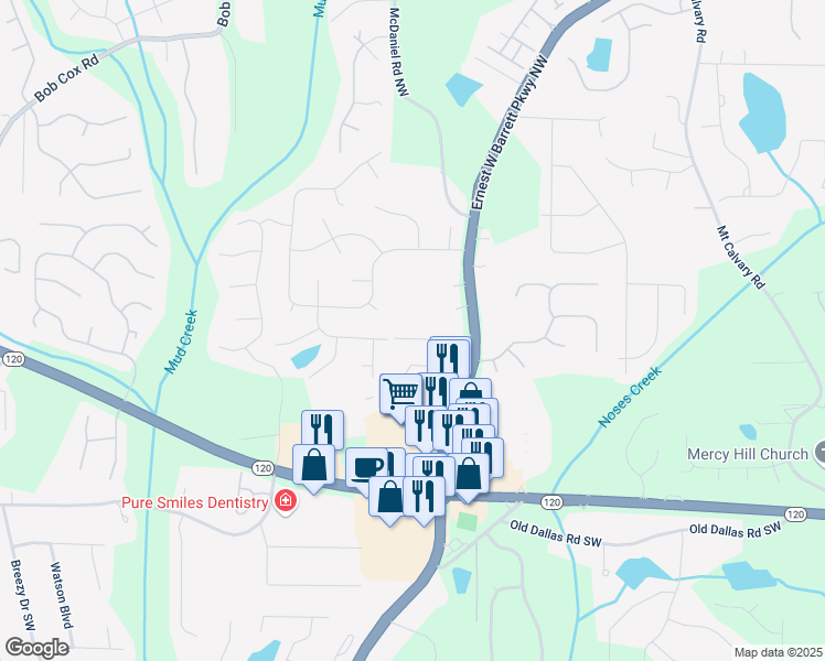 map of restaurants, bars, coffee shops, grocery stores, and more near 2470 Anderson Estates Court in Marietta