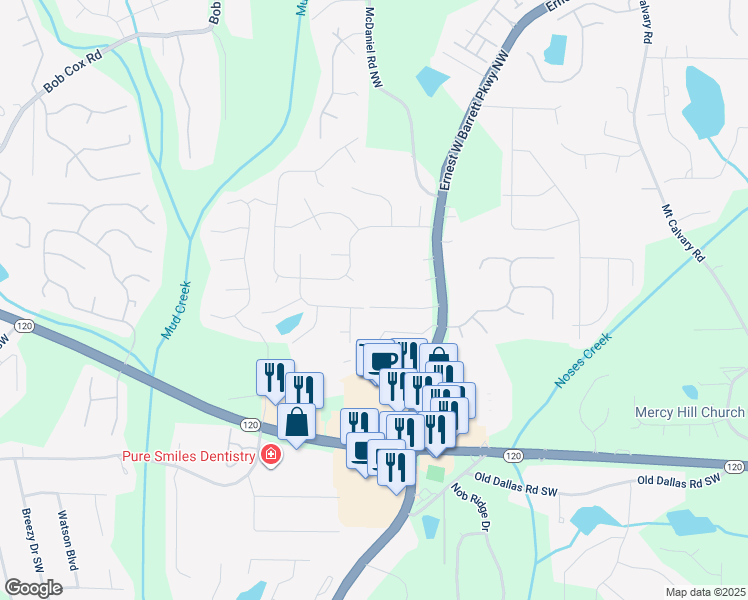map of restaurants, bars, coffee shops, grocery stores, and more near 2475 Anderson Estates Court in Marietta