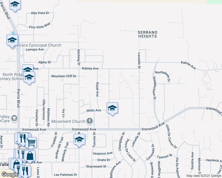 map of restaurants, bars, coffee shops, grocery stores, and more near 25708 Oak Court in Moreno Valley