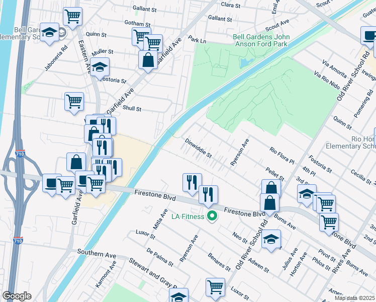 map of restaurants, bars, coffee shops, grocery stores, and more near 7034 Dinwiddie Street in Downey