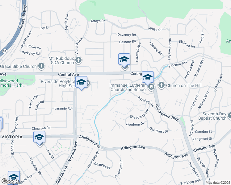 map of restaurants, bars, coffee shops, grocery stores, and more near 2423 Sunset Drive in Riverside