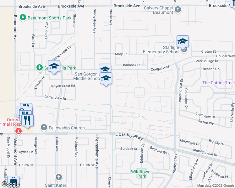 map of restaurants, bars, coffee shops, grocery stores, and more near 1309 Moonstone Avenue in Beaumont