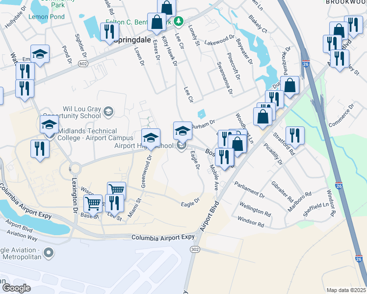 map of restaurants, bars, coffee shops, grocery stores, and more near 1315 Boston Avenue in West Columbia