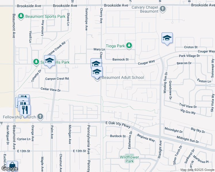 map of restaurants, bars, coffee shops, grocery stores, and more near 1309 Moonstone Avenue in Beaumont