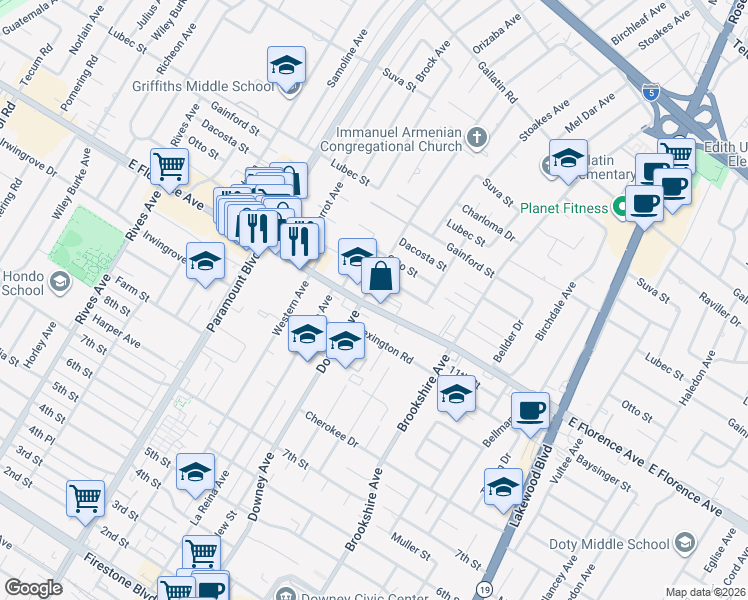 map of restaurants, bars, coffee shops, grocery stores, and more near 8326 East Florence Avenue in Downey