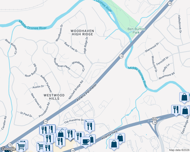 map of restaurants, bars, coffee shops, grocery stores, and more near 236 Melba Lane in Athens