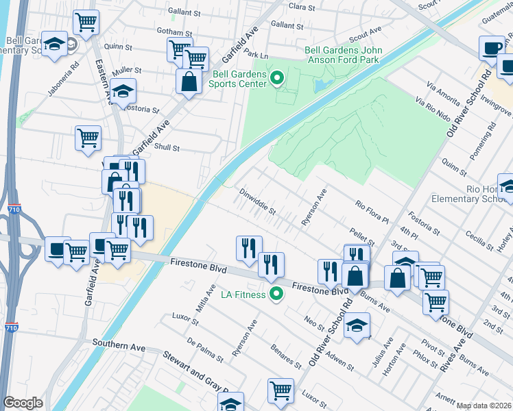 map of restaurants, bars, coffee shops, grocery stores, and more near 7050 Dinwiddie Street in Downey