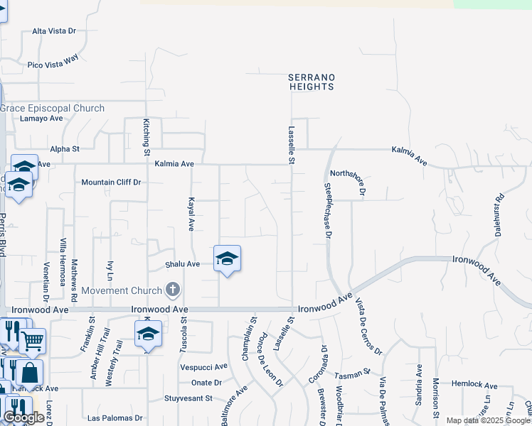map of restaurants, bars, coffee shops, grocery stores, and more near in Moreno Valley