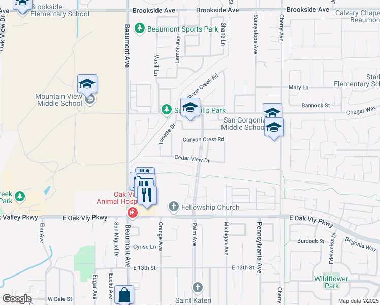 map of restaurants, bars, coffee shops, grocery stores, and more near 1509 Pacific Trails Way in Beaumont