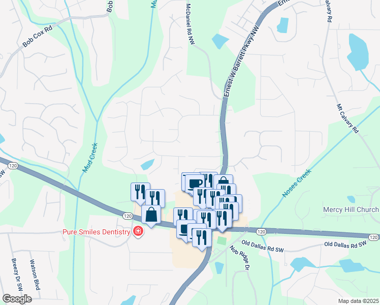 map of restaurants, bars, coffee shops, grocery stores, and more near 2475 Anderson Estates Court in Marietta