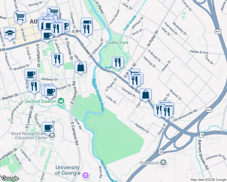 map of restaurants, bars, coffee shops, grocery stores, and more near 838 Oconee Street in Athens