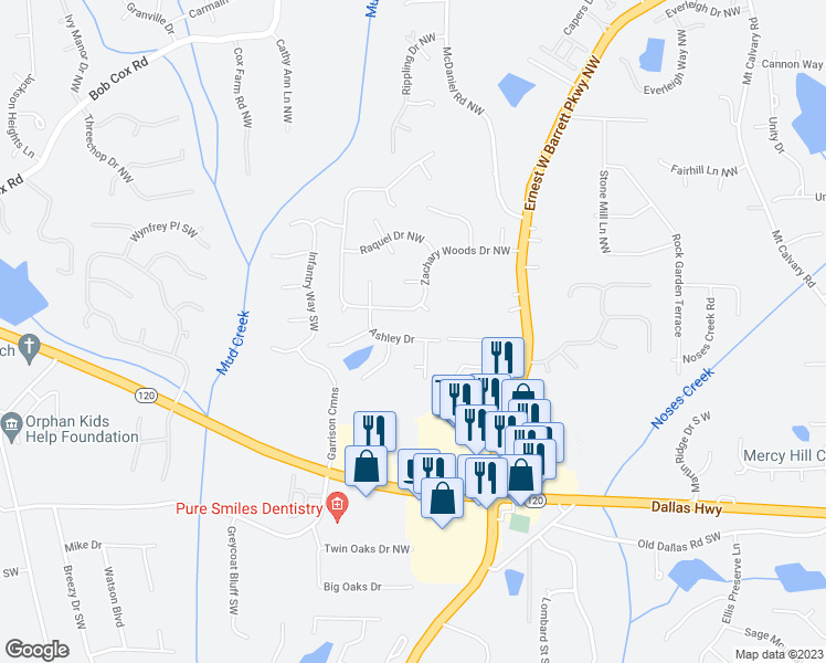map of restaurants, bars, coffee shops, grocery stores, and more near 2656 Ashley Dr in Marietta