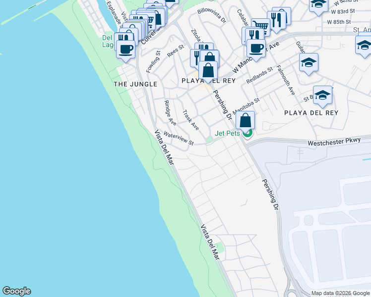 map of restaurants, bars, coffee shops, grocery stores, and more near 7611 Rindge Avenue in Los Angeles
