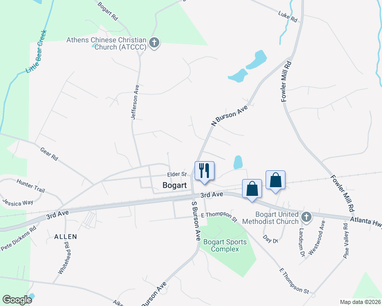 map of restaurants, bars, coffee shops, grocery stores, and more near 183 North Burson Avenue in Bogart