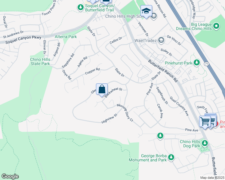 map of restaurants, bars, coffee shops, grocery stores, and more near 5095 Buckwheat Street in Chino Hills