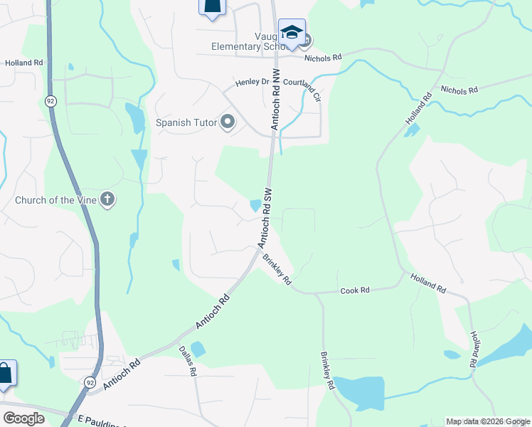 map of restaurants, bars, coffee shops, grocery stores, and more near Antioch Road Southwest in Cobb County