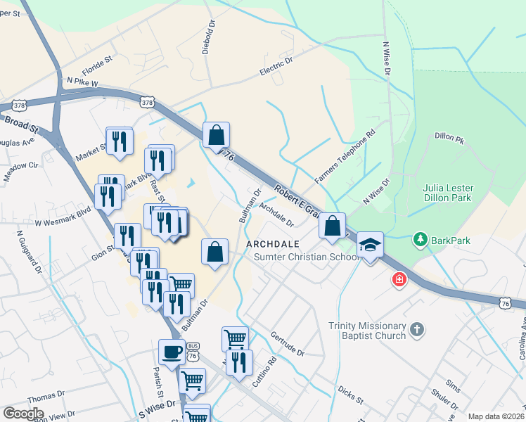 map of restaurants, bars, coffee shops, grocery stores, and more near 680 Archdale Drive in Sumter