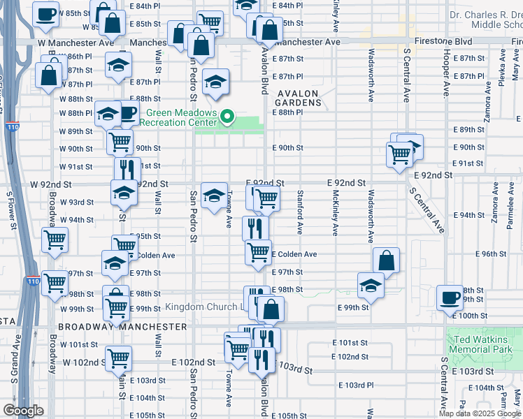 map of restaurants, bars, coffee shops, grocery stores, and more near 9307 South Avalon Boulevard in Los Angeles