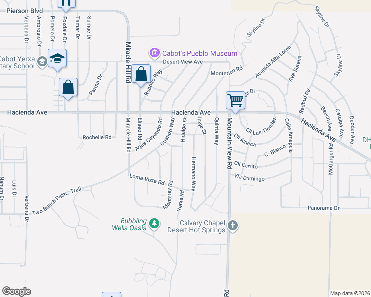 map of restaurants, bars, coffee shops, grocery stores, and more near 13400 Hidalgo Street in Desert Hot Springs