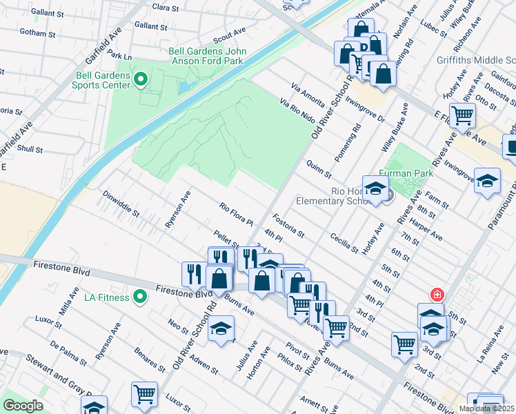 map of restaurants, bars, coffee shops, grocery stores, and more near 7370 Rio Hondo Place in Downey