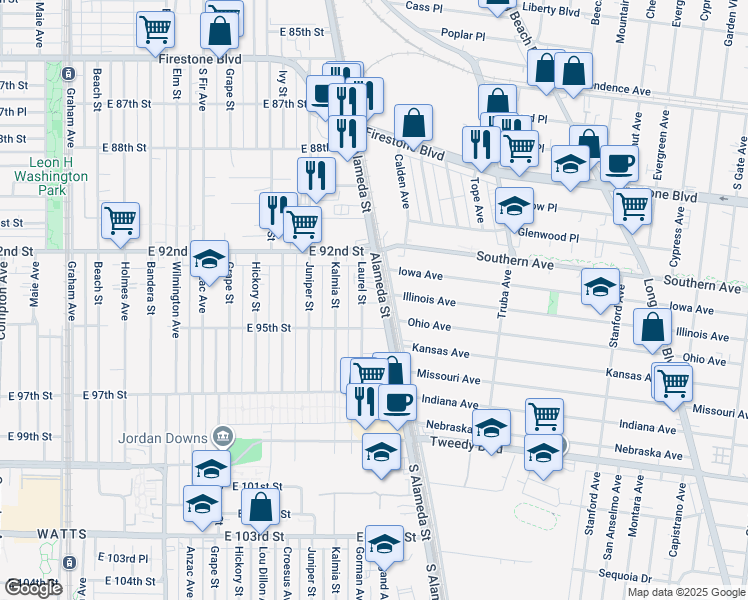 map of restaurants, bars, coffee shops, grocery stores, and more near 2309 East 94th Street in Los Angeles