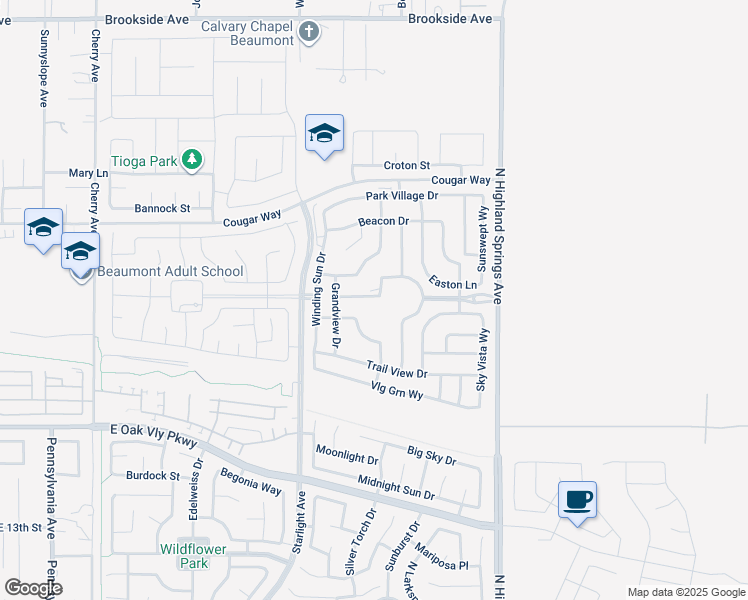 map of restaurants, bars, coffee shops, grocery stores, and more near 1525 Overpark Lane in Beaumont