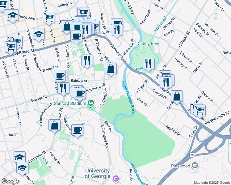 map of restaurants, bars, coffee shops, grocery stores, and more near 199 Stone Mill Run in Athens
