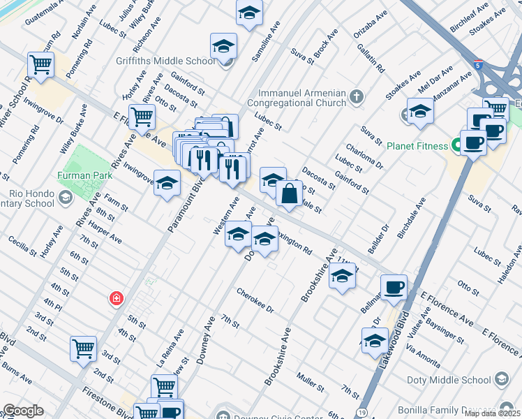 map of restaurants, bars, coffee shops, grocery stores, and more near in Downey