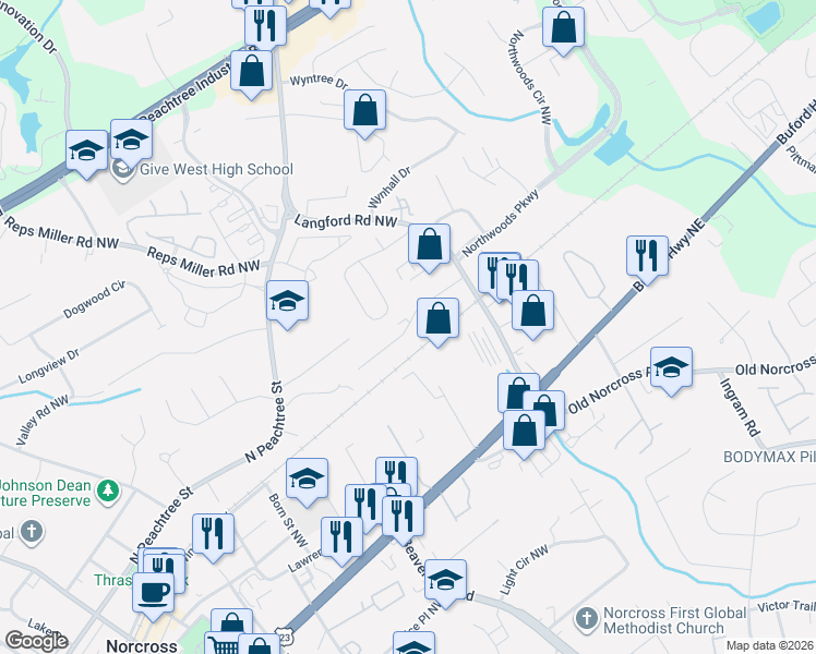 map of restaurants, bars, coffee shops, grocery stores, and more near 2881 Cole Court in Norcross