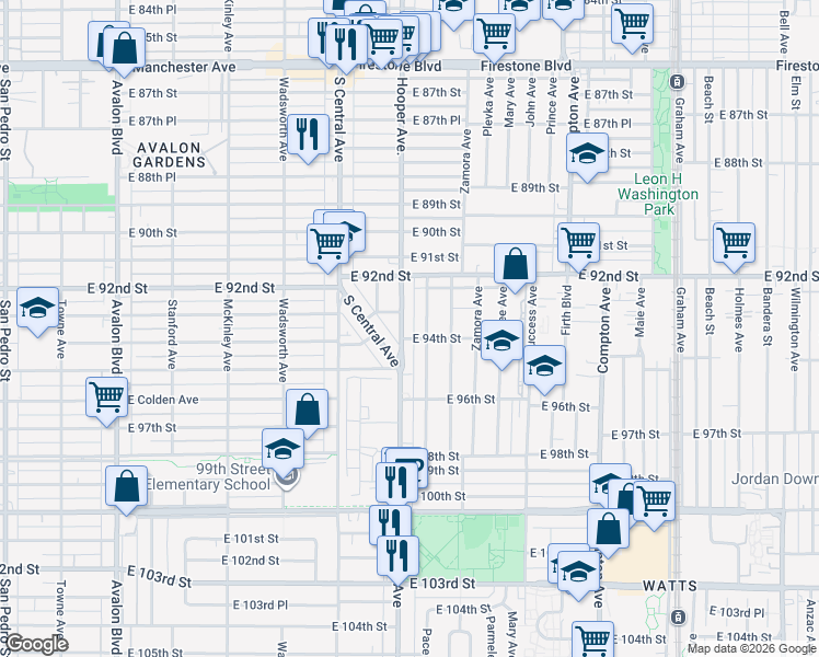 map of restaurants, bars, coffee shops, grocery stores, and more near 9318 Hooper Ave in Los Angeles