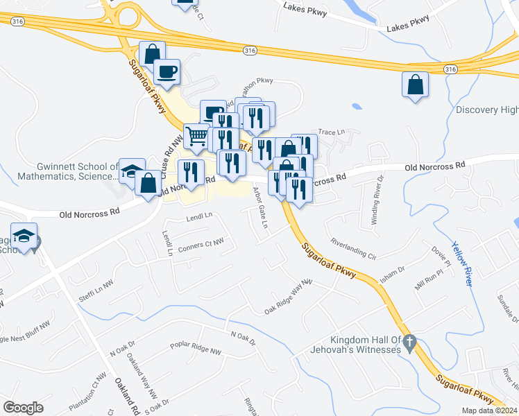 map of restaurants, bars, coffee shops, grocery stores, and more near 1771 Bay Willow Place in Lawrenceville