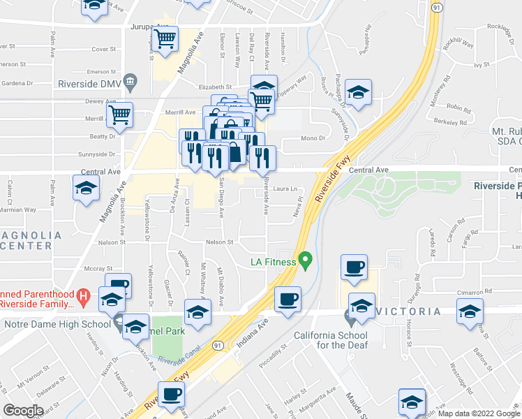 map of restaurants, bars, coffee shops, grocery stores, and more near 6395 Riverside Avenue in Riverside