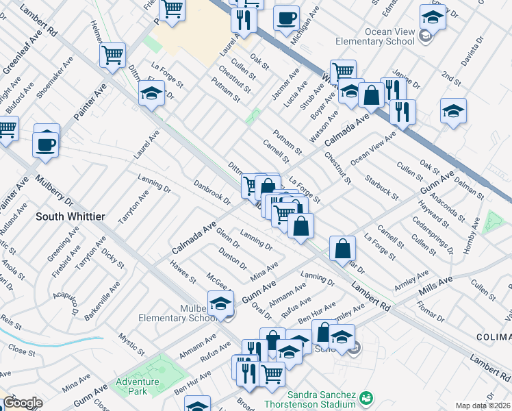 map of restaurants, bars, coffee shops, grocery stores, and more near 14028 Danbrook Drive in Whittier
