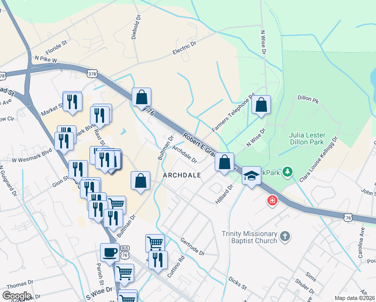 map of restaurants, bars, coffee shops, grocery stores, and more near 655 Archdale Drive in Sumter