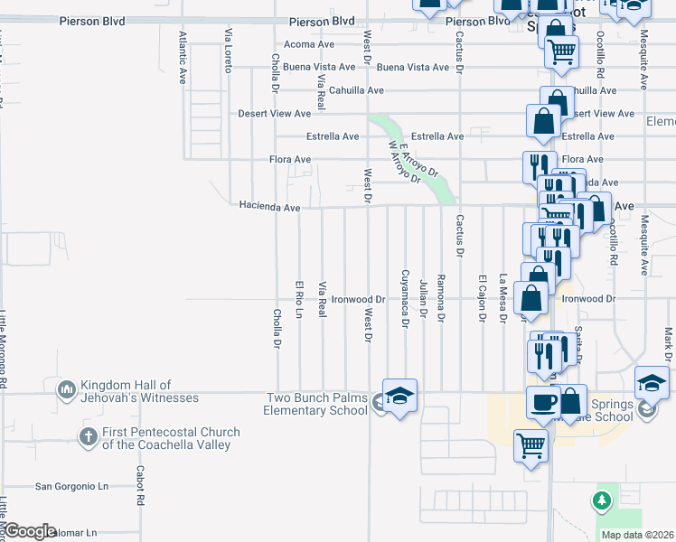 map of restaurants, bars, coffee shops, grocery stores, and more near 13442 Del Ray Lane in Desert Hot Springs