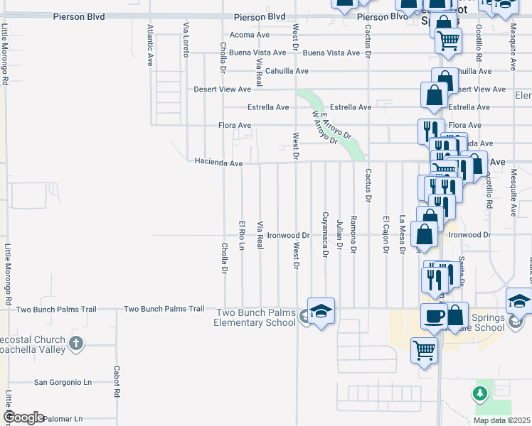 map of restaurants, bars, coffee shops, grocery stores, and more near 13437 Vía Real in Desert Hot Springs