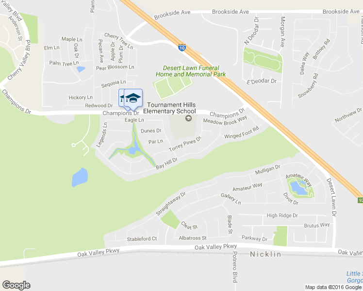 map of restaurants, bars, coffee shops, grocery stores, and more near Torrey Pines Drive in Beaumont