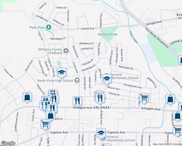 map of restaurants, bars, coffee shops, grocery stores, and more near 6651 Adair Avenue in Riverside
