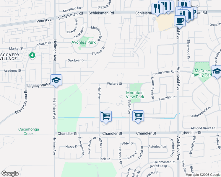 map of restaurants, bars, coffee shops, grocery stores, and more near 14604 Walters Street in Corona