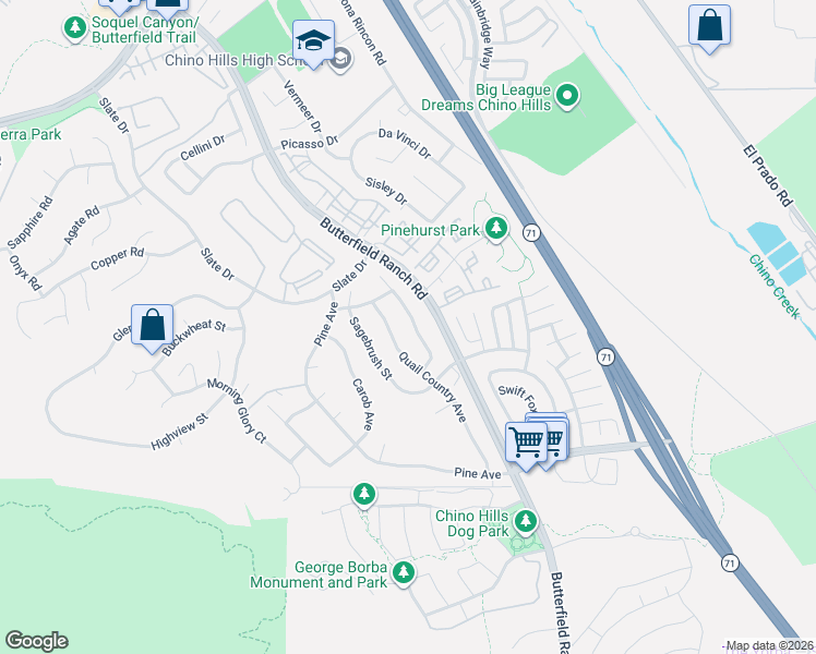 map of restaurants, bars, coffee shops, grocery stores, and more near 16612 China Berry Court in Chino Hills