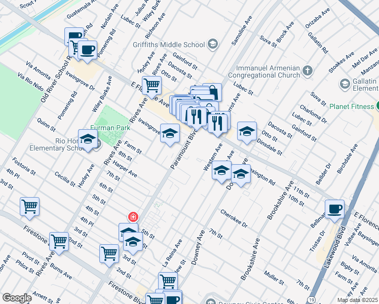 map of restaurants, bars, coffee shops, grocery stores, and more near 10348 Paramount Boulevard in Downey