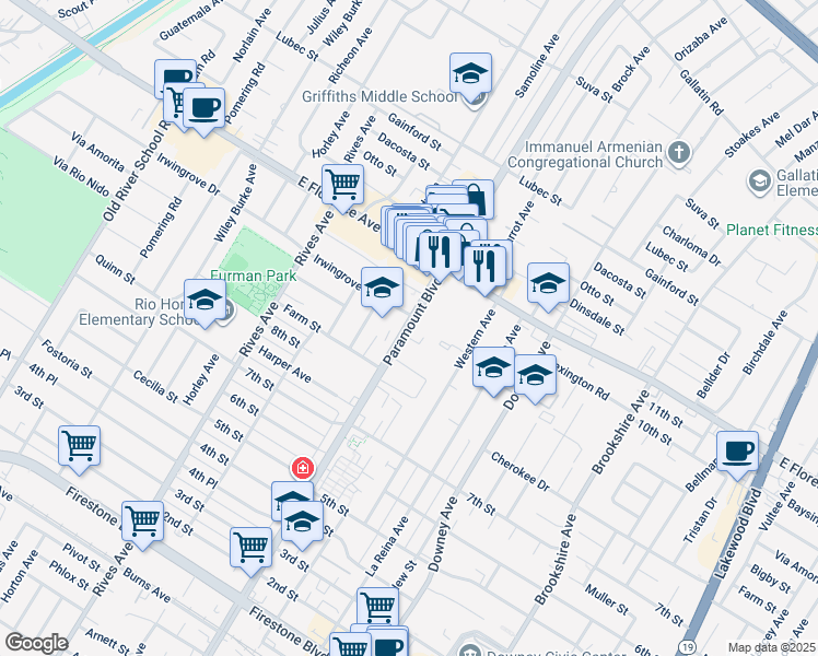 map of restaurants, bars, coffee shops, grocery stores, and more near 10348 Paramount Boulevard in Downey
