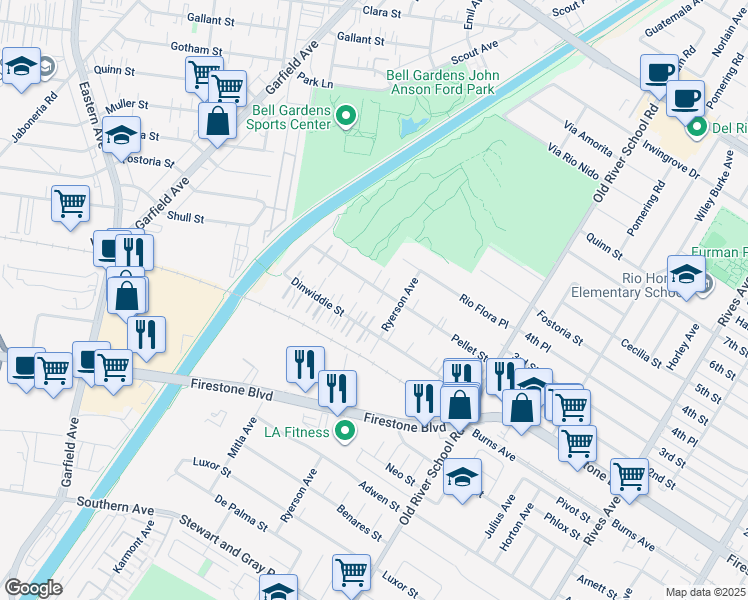 map of restaurants, bars, coffee shops, grocery stores, and more near 7139 Dinwiddie Street in Downey